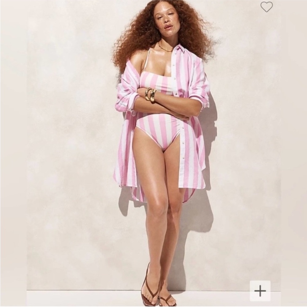 J.Crew Pink & White Stripe Linen-Cotton Blend Beach Shirt Cover-Up Dress NWT M